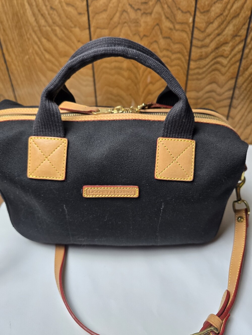 Dooney & Bourke Black Canvas Satchel with Tan Leather Trim